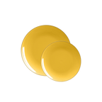 Yellow gold round plastic plates with shiny finish for dinner events from Parte Haus party supply store in Bethesda Maryland