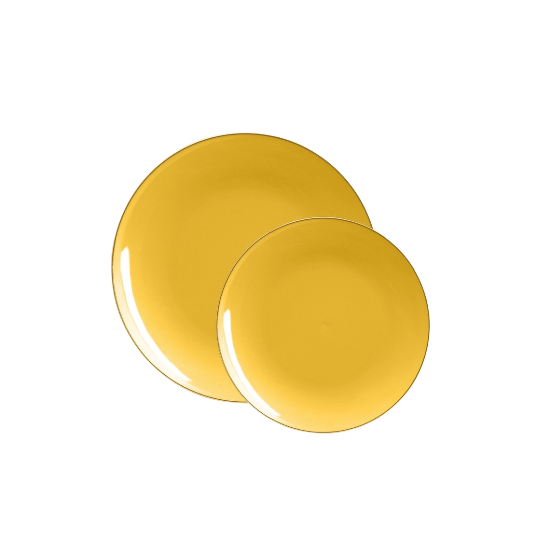 Yellow gold round plastic plates with shiny finish for dinner events from Parte Haus party supply store in Bethesda Maryland