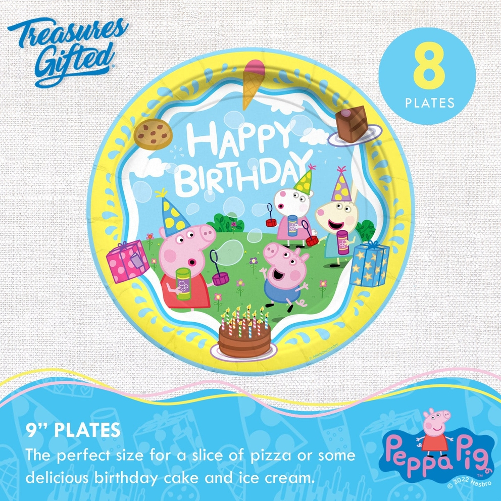 Yellow and blue Peppa Pig large dinner plates with birthday characters for kids birthday from Parte Haus party supply store in Bethesda MD