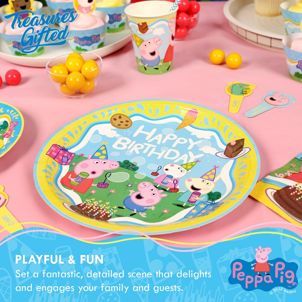 Yellow and blue Peppa Pig happy birthday dinner plate with Peppa Pig characters for birthday theme from Parte Haus party supply store in Bethesda Maryland