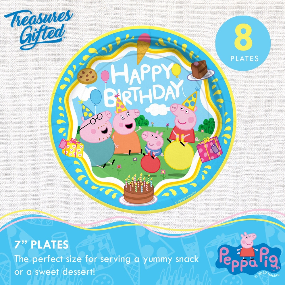 Yellow and blue Peppa Pig birthday appetizer dessert plate with cartoon characters for kids party from Parte Haus party supply store in Bethesda Maryland