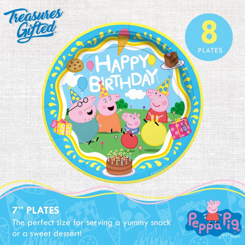 Yellow and blue Peppa Pig birthday appetizer dessert plate with cartoon characters for kids party from Parte Haus party supply store in Bethesda Maryland