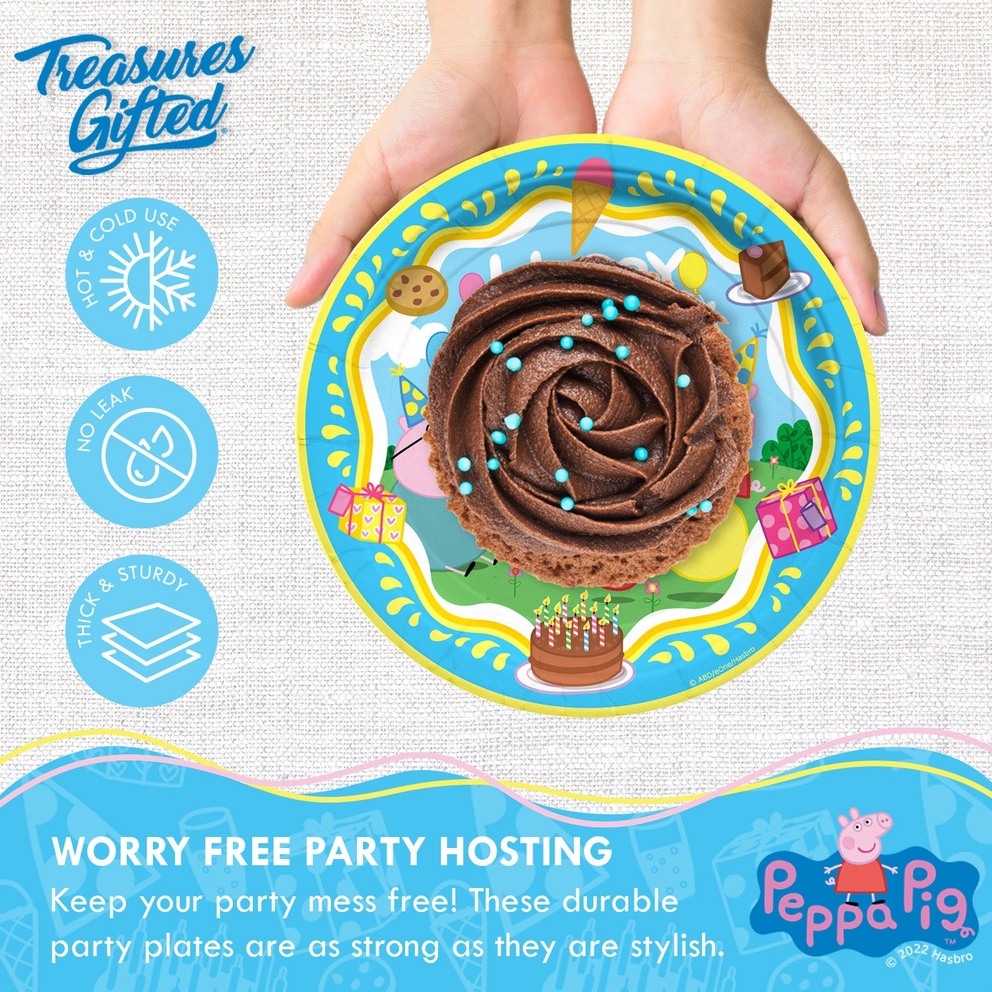Yellow and blue Peppa Pig appetizer dessert plate with birthday cake design for kids birthday from Parte Haus party supply store in Bethesda Maryland