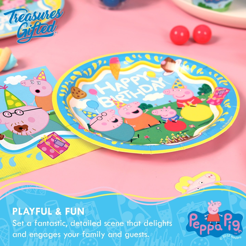 Yellow and blue appetizer dessert plate with Peppa Pig birthday design for kids from Parte Haus party supply store in Bethesda MD