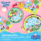 Yellow and blue Peppa Pig happy birthday dessert plates with Peppa Pig characters birthday theme from Parte Haus party supply store in Bethesda MD