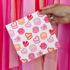 Pink and red dessert large napkin with heart designs for Valentine's Day from Parte Haus party supply store in Bethesda MD