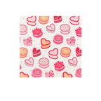 Pink and red large napkin with heart cakes and sweet sayings Valentine’s Day from Parte Haus party supply store in Bethesda MD
