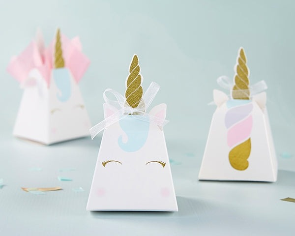 White unicorn treat box with gold horn and pastel accents birthday theme from Parte Haus party supply store in Bethesda MD