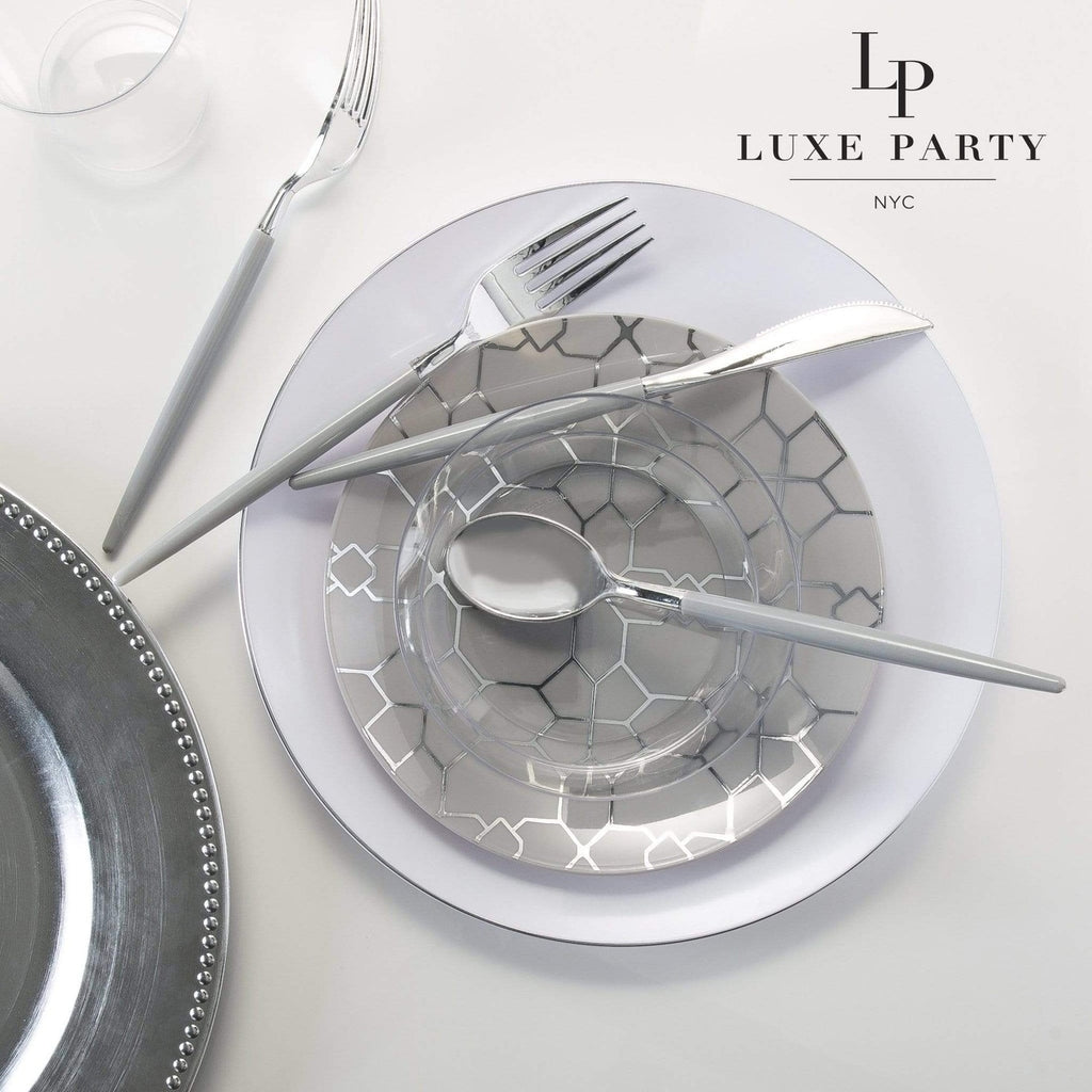 Silver geometric pattern plate set elegant tableware for celebration from Parte Haus party supply store in Bethesda MD.