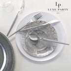 Silver geometric pattern plate set elegant tableware for celebration from Parte Haus party supply store in Bethesda MD.