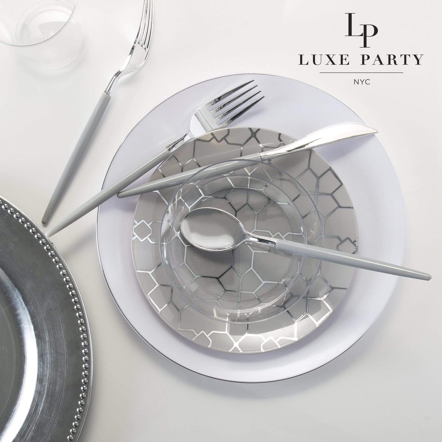 Silver geometric pattern plate set elegant tableware for celebration from Parte Haus party supply store in Bethesda MD.