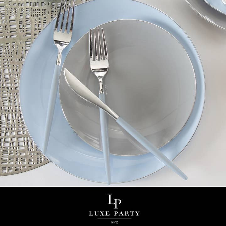 Light blue plate set with matching cutlery modern table setting from Parte Haus party supply store in Bethesda MD