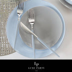 Light blue plate set with matching cutlery modern table setting from Parte Haus party supply store in Bethesda MD