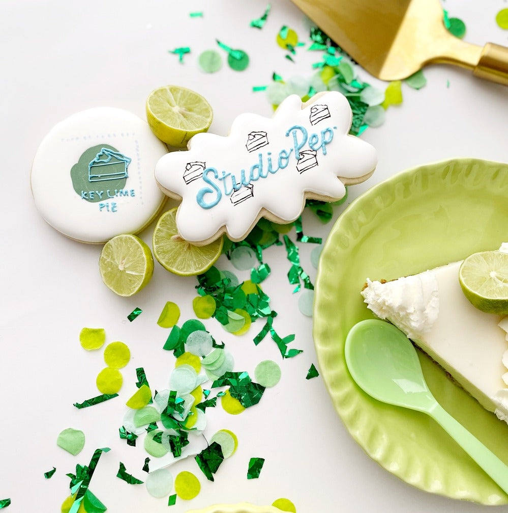 Green and white key lime pie cookies with confetti dessert theme from Parte Haus party supply store in Bethesda MD