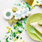 Green and white key lime pie cookies with confetti dessert theme from Parte Haus party supply store in Bethesda MD
