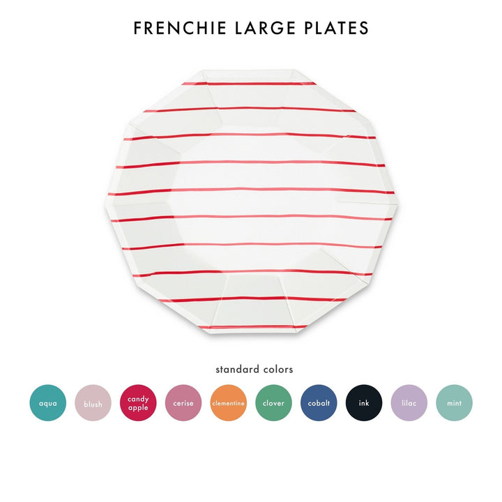 White and Green Frenchie Striped Large Dinner Plates