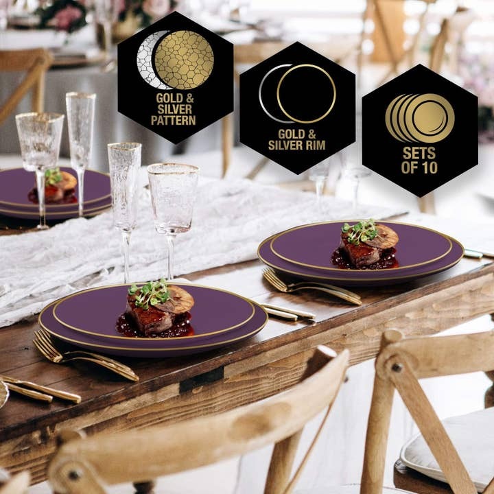 Purple and gold dinner plates elegant table setting for celebrations from Parte Haus party supply store in Bethesda MD.