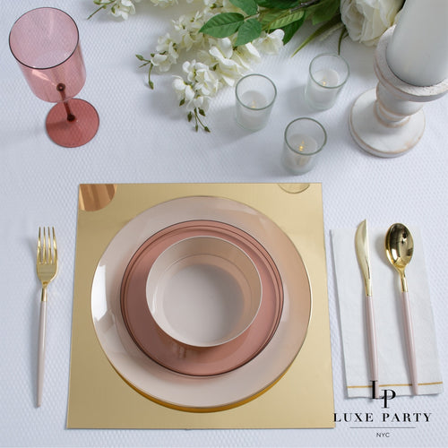 Blush pink and gold table setting with plates glass and floral decor wedding theme from Parte Haus party supply store in Bethesda Maryland