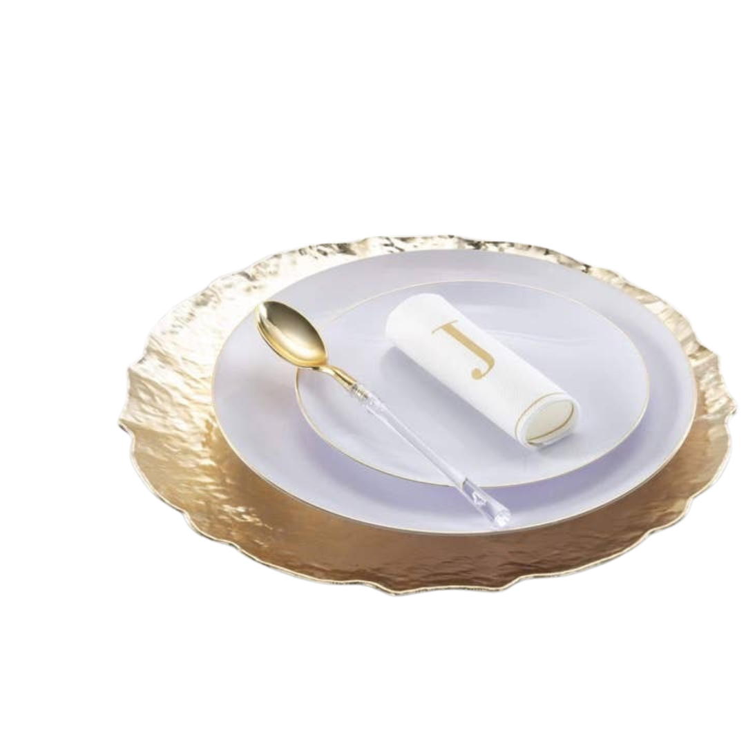 Gold and white elegant dinnerware set with rolled napkin for celebration from Parte Haus party supply store in Bethesda Maryland
