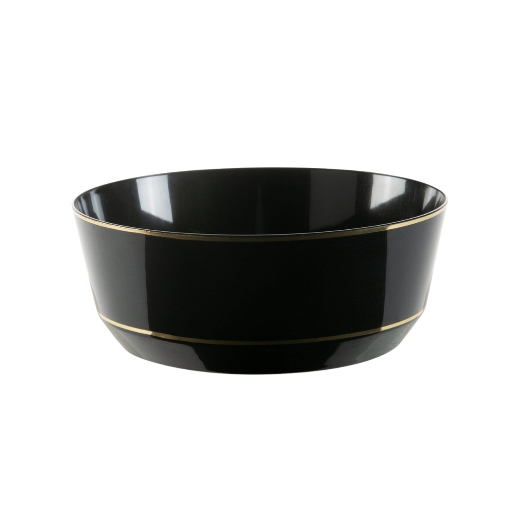 Black and gold bowl with shiny finish elegant tableware for celebrations from Parte Haus party supply store in Bethesda MD.