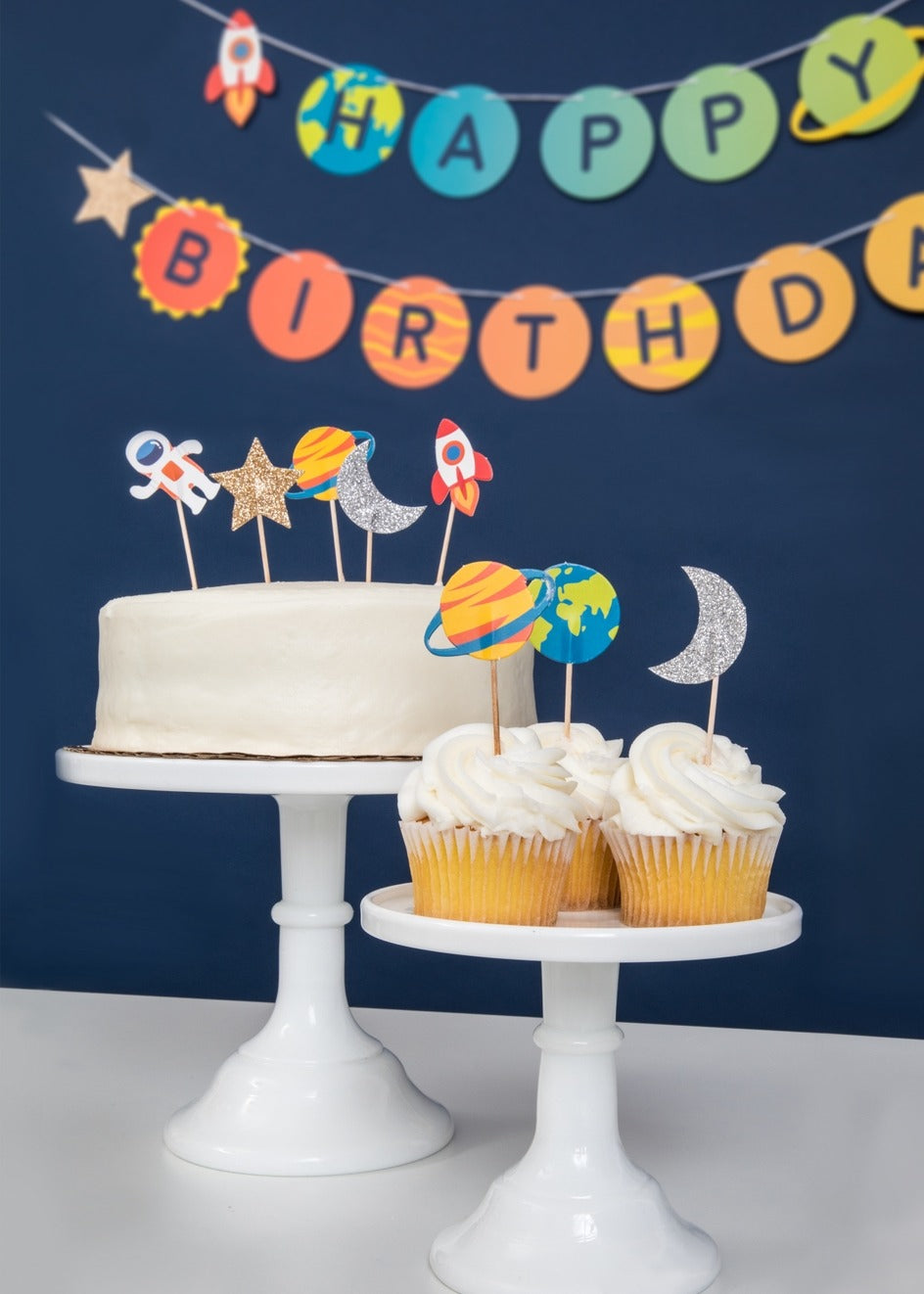 Colorful space theme cake cupcake toppers for birthday from Parte Haus party supply store in Bethesda MD