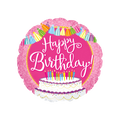 Pink happy birthday foil balloon with rainbow tassels and cake birthday theme from Parte Haus party supply store in Bethesda Maryland