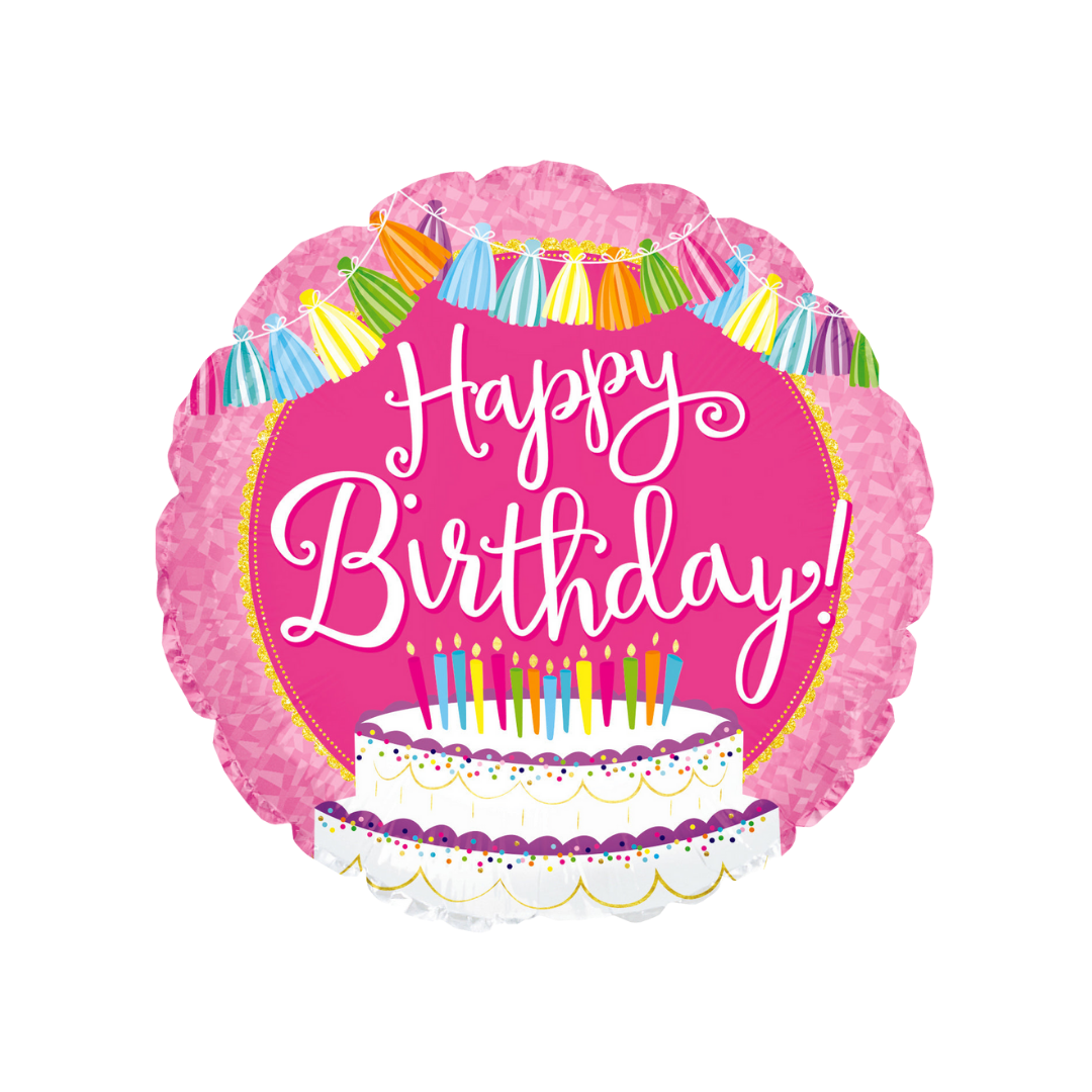 Pink happy birthday foil balloon with rainbow tassels and cake birthday theme from Parte Haus party supply store in Bethesda Maryland