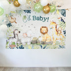 Green and gold animal baby shower backdrop with balloons from Parte Haus party supply store in Bethesda MD