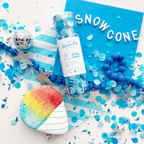 Blue snow cone artisan confetti and rainbow cookie Snow Cone theme from Parte Haus party supply store in Bethesda MD