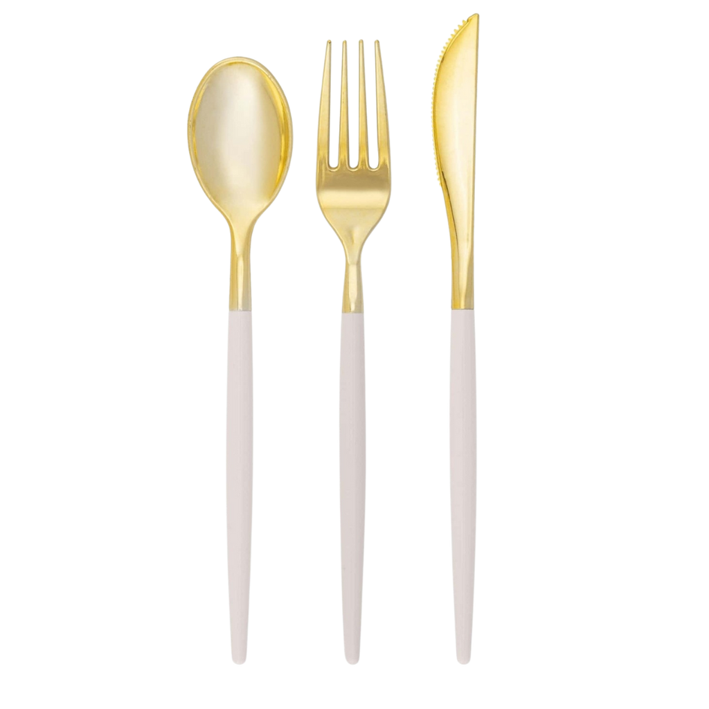 Gold and white cutlery set modern utensils for celebrations from Parte Haus party supply store in Bethesda MD.
