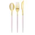 Gold and white cutlery set modern utensils for celebrations from Parte Haus party supply store in Bethesda MD.