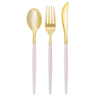 Gold and white cutlery set modern utensils for celebrations from Parte Haus party supply store in Bethesda MD.