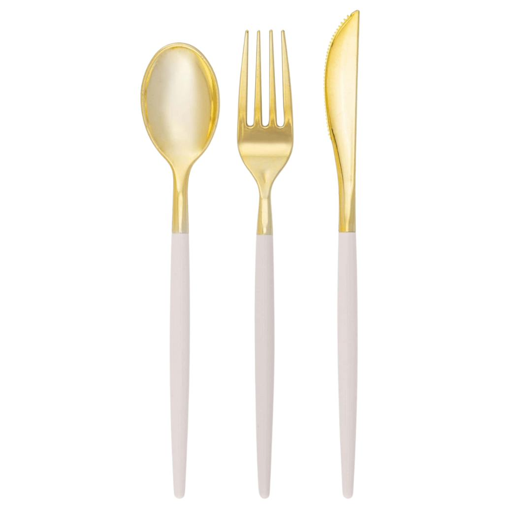 Gold and white cutlery set modern utensils for celebrations from Parte Haus party supply store in Bethesda MD.