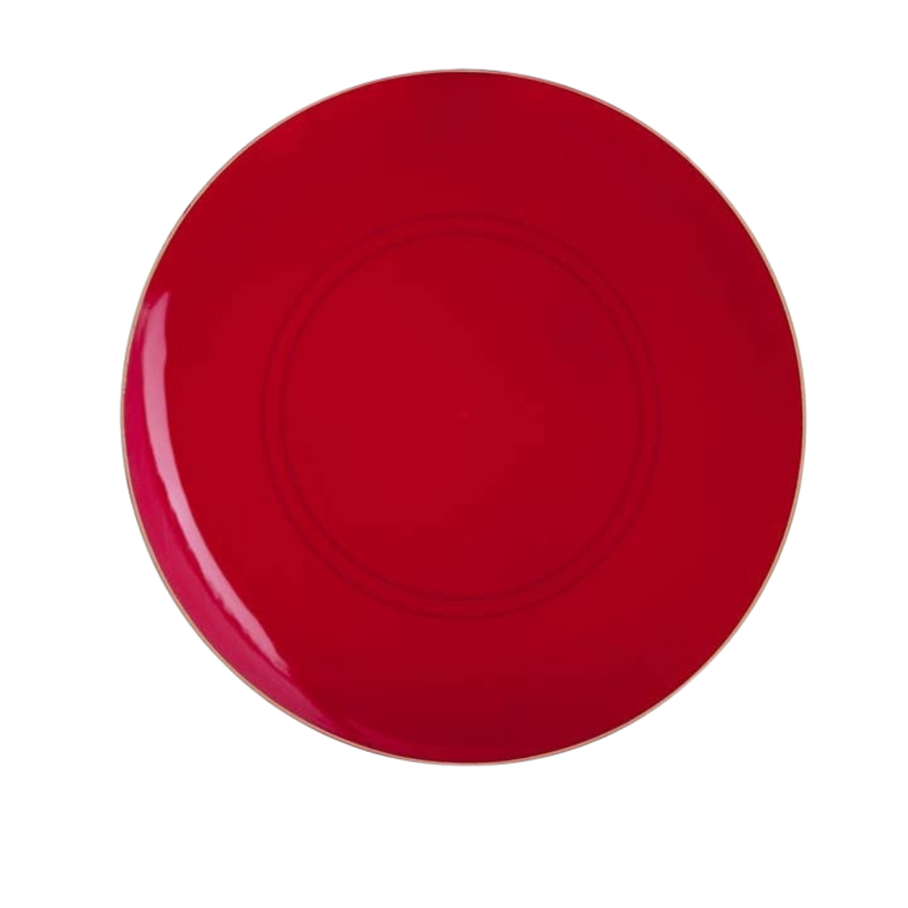 Red round plate with glossy finish for birthday from Parte Haus party supply store in Bethesda Maryland