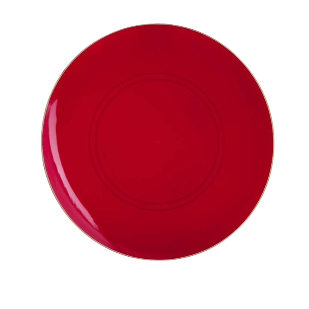 Red round plate with glossy finish for birthday from Parte Haus party supply store in Bethesda Maryland
