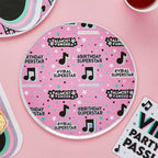 Pink influencer themed round paper plate with music notes and stars for birthday party from Parte Haus party supply store in Bethesda, MD