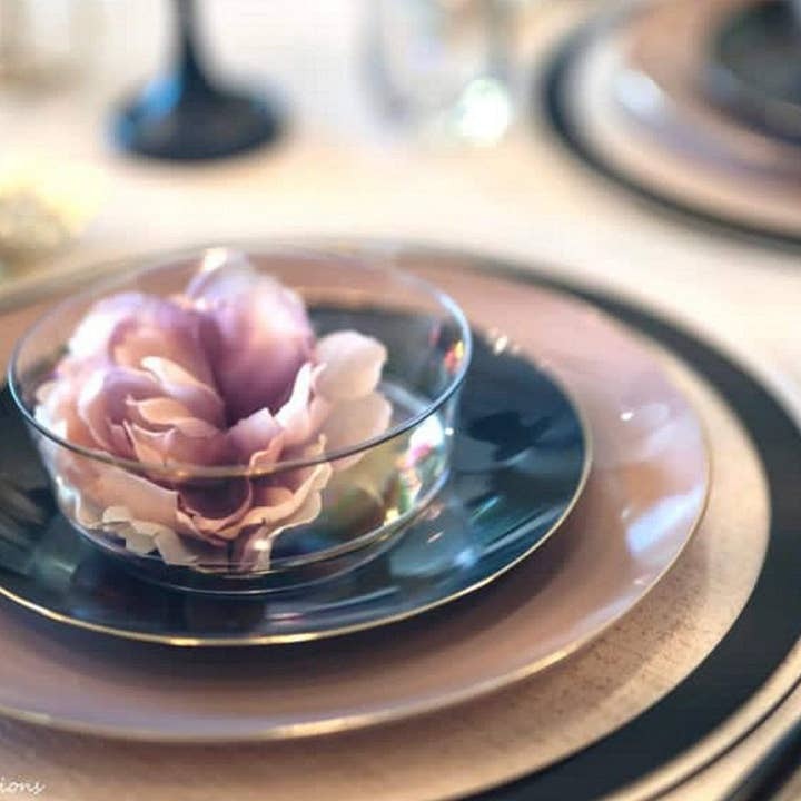 Blush pink floral glass bowl elegant table setting wedding decor from Parte Haus party supply store in Bethesda Maryland
