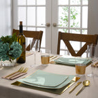 Mint green square plates gold cutlery elegant dinnerware for celebration from Parte Haus party supply store in Bethesda MD