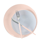 Blush pink dinnerware set with silverware elegant table setting from Parte Haus party supply store in Bethesda MD