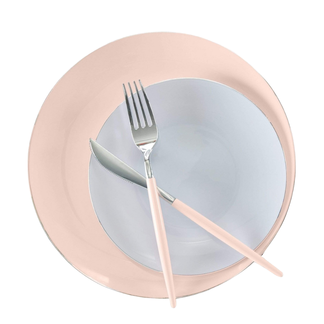Blush pink dinnerware set with silverware elegant table setting from Parte Haus party supply store in Bethesda MD