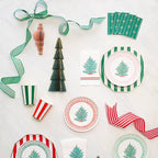 Green and red Christmas tree tableware set with striped cups and plates holiday theme from Parte Haus party supply store in Bethesda MD