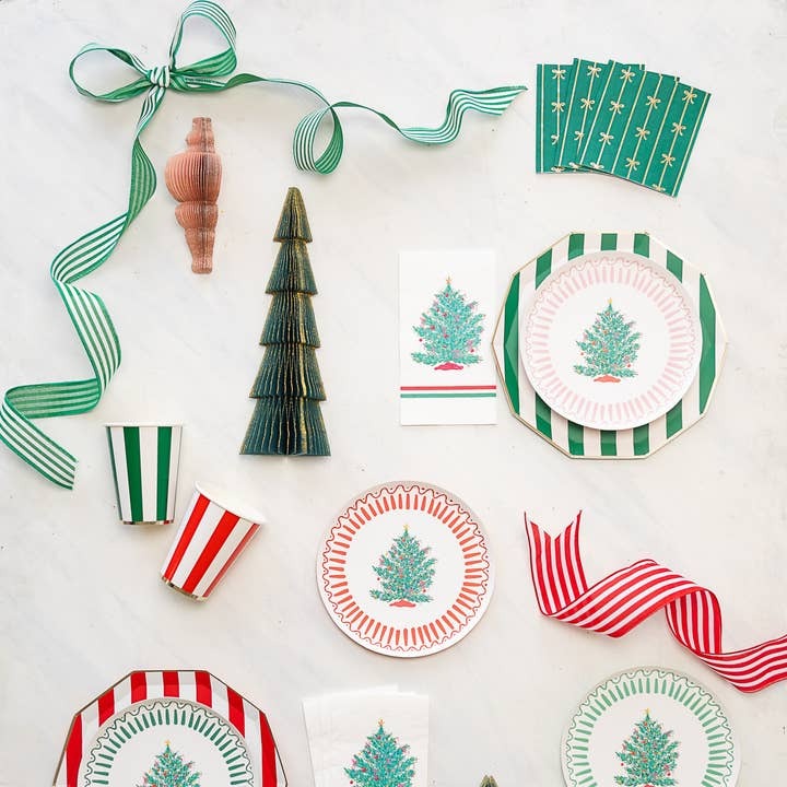 Green and red Christmas tableware with tree designs holiday decor from Parte Haus party supply store in Bethesda MD