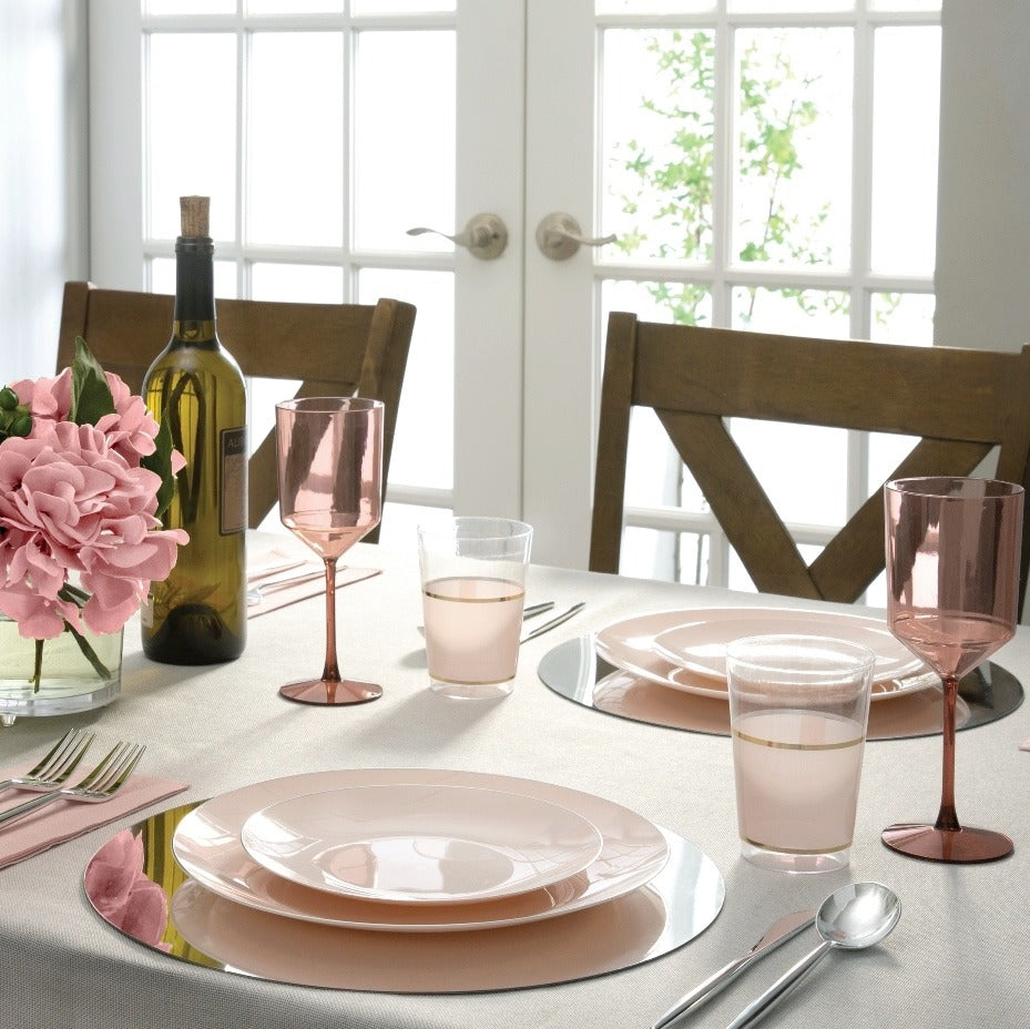 Blush pink plates and wine glasses elegant table setting brunch theme from Parte Haus party supply store in Bethesda MD