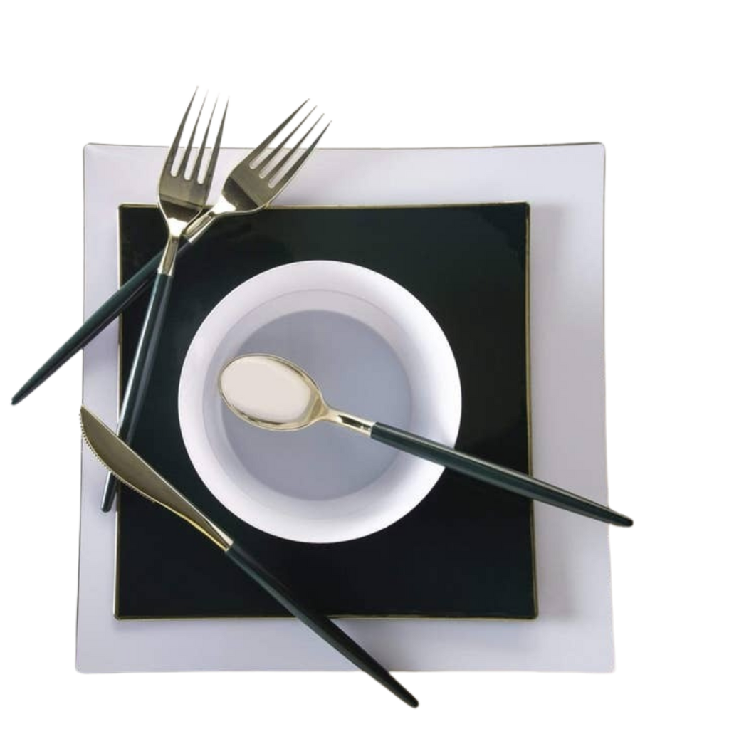 Black and gold cutlery with white and black square plates for elegant dinner from Parte Haus party supply store in Bethesda MD.