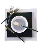 Black and gold cutlery with white and black square plates for elegant dinner from Parte Haus party supply store in Bethesda MD.
