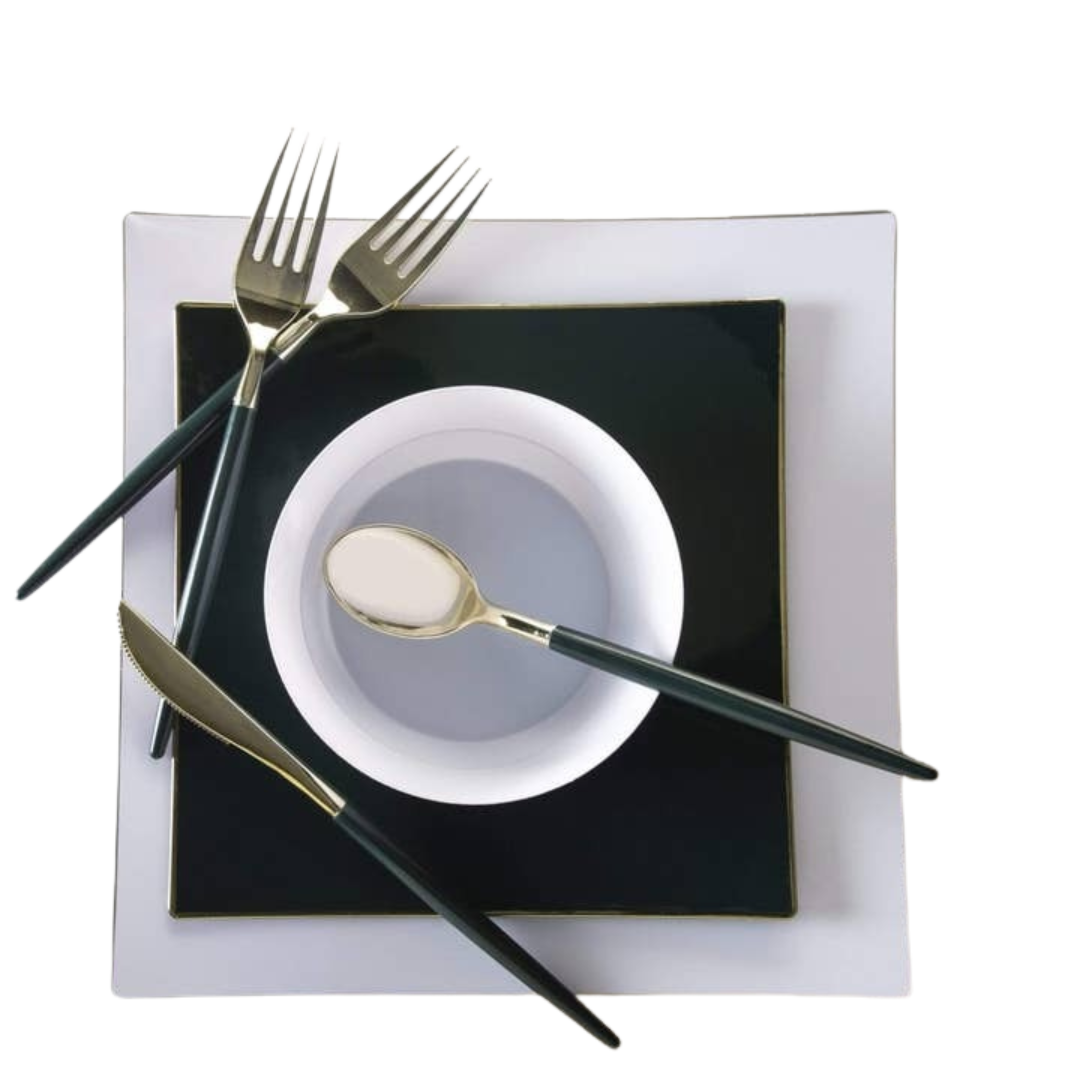 Black and gold cutlery with white and black square plates for elegant dinner from Parte Haus party supply store in Bethesda MD.