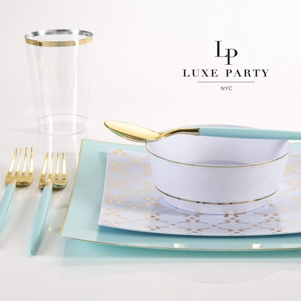 Blue and gold disposable tableware set elegant modern design from Parte Haus party supply store in Bethesda MD