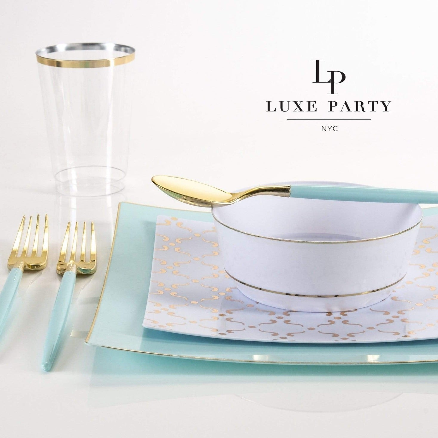 Blue and gold disposable tableware set elegant modern design from Parte Haus party supply store in Bethesda MD