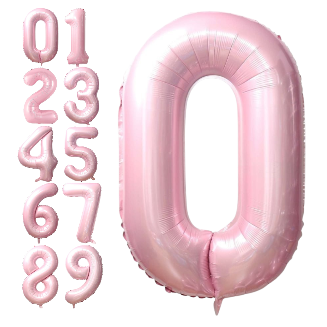 Baby pink 34in number 0 foil balloons for birthday parties – from Parte Haus party supply store in Bethesda, Maryland.