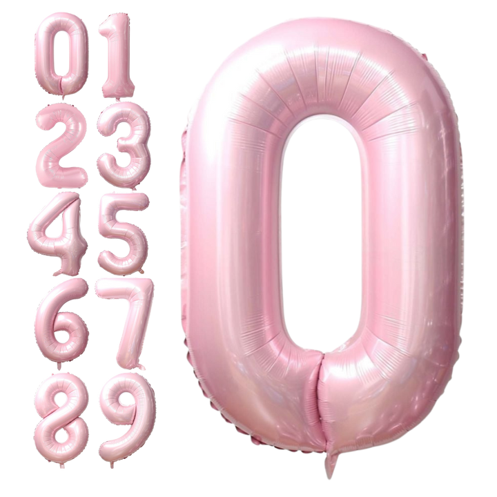 Baby pink 34in number 0 foil balloons for birthday parties – from Parte Haus party supply store in Bethesda, Maryland.